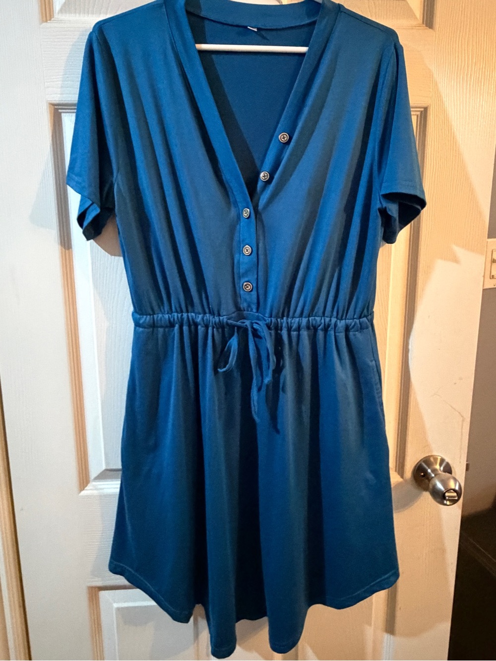 Women's Teal Button-Front Drawstring Waist Dress Top